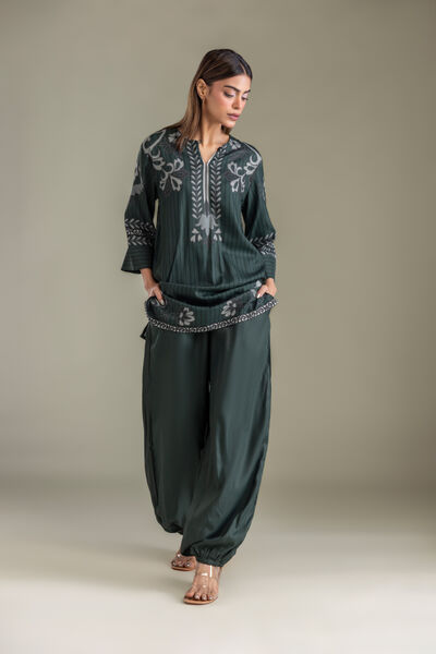 Printed | Viscose Crepe | Dark Green Trousers | USD 35.00