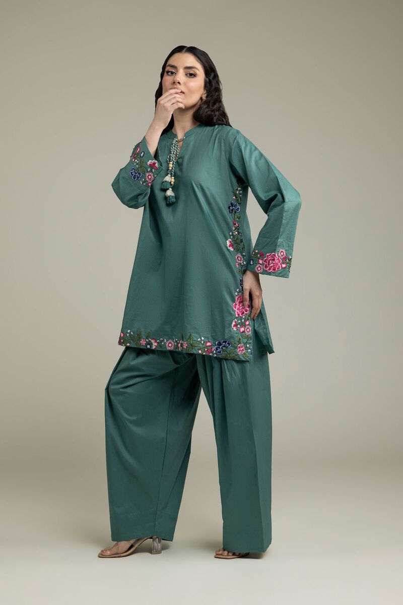 Embroidered | Cambric | Teal Floral Kurta | USD 40.00