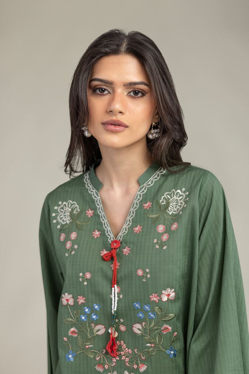 Embroidered | Cotton Dobby | Short Green Kurta | USD 35.00