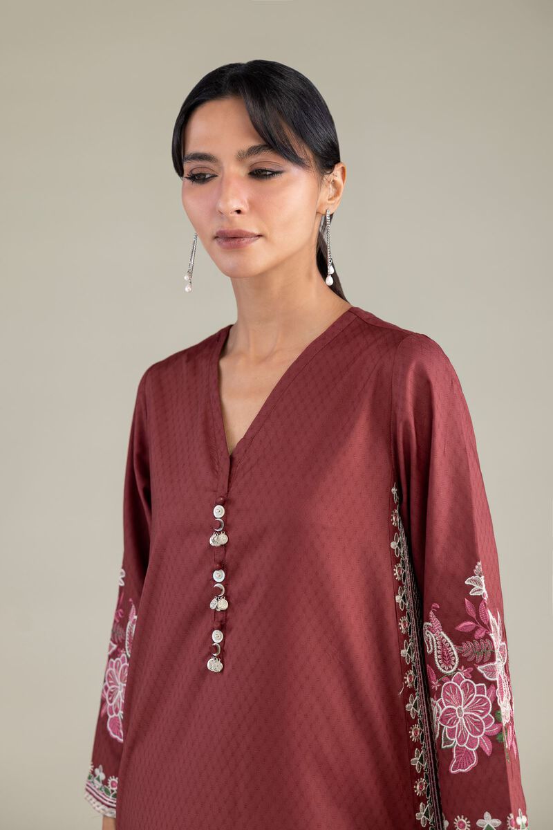 Embroidered | Cotton Dobby | Maroon V-Neck Kurta | USD 45.00