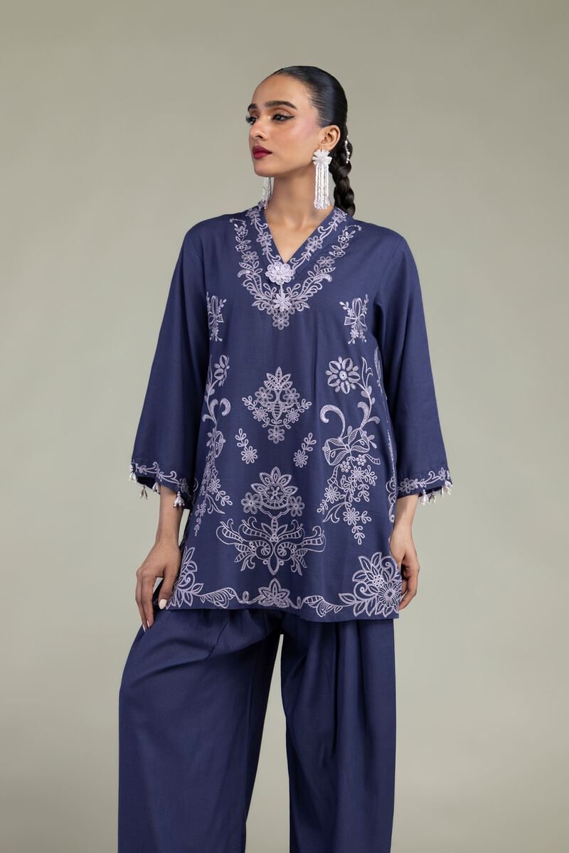 Embroidered | Raw Silk | Floral V-Neck Kurta | USD 55.00