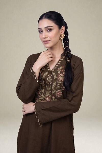 Embroidered | Raw Silk | Long V-neck Kurta | USD 60.00