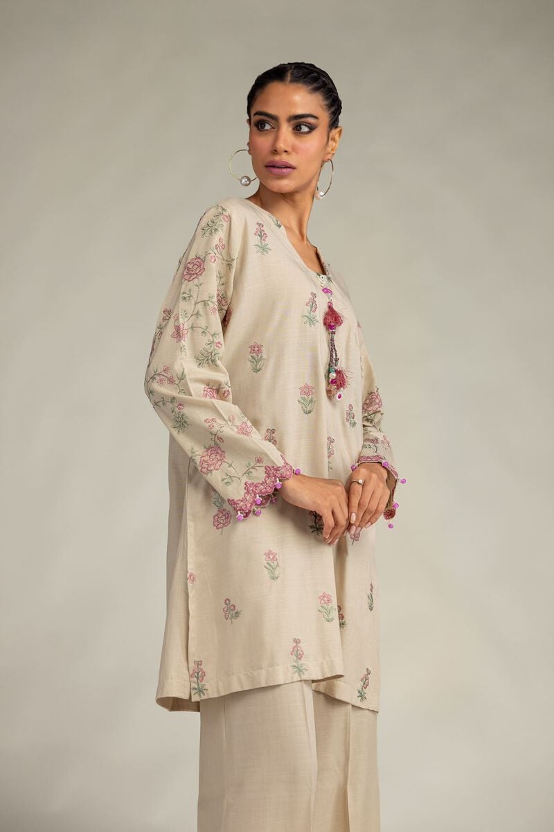 Embroidered | Raw Silk | Floral Beige Kurta | USD 60.00