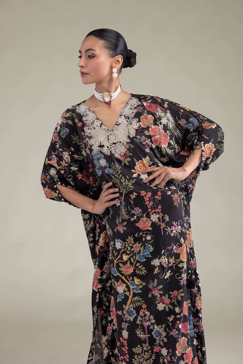 Embroidered | Raw Silk | Black V-Neck Kurta | USD 45.00