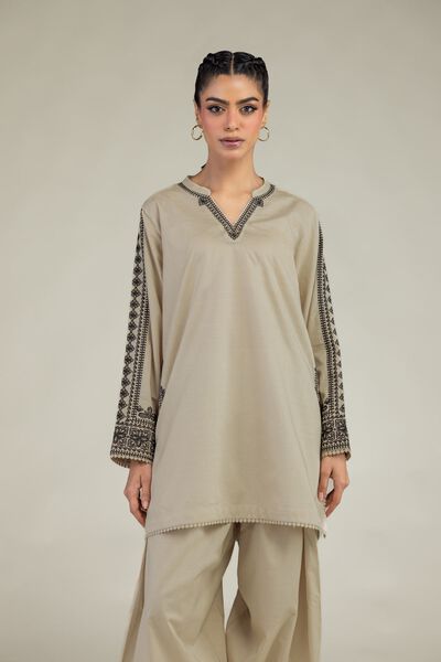 Embroidered | Cotton Dobby | Beige V-Neck Kurta | USD 45.00