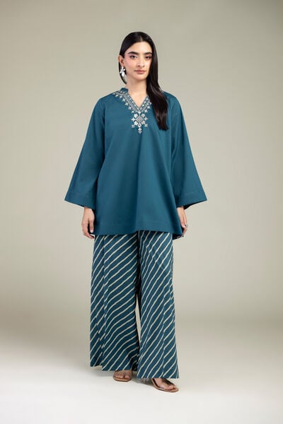 Embroidered | Cambric | Teal Cambric Pants | USD 30.00