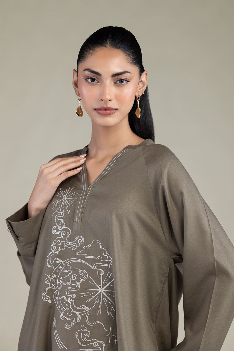 Embroidered | Viscose Crepe | Olive V-Neck Tunic | USD 35.00