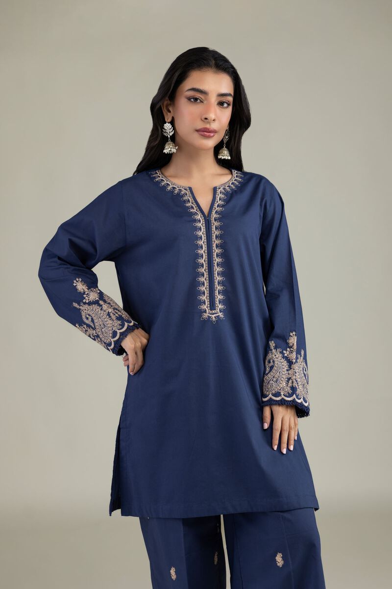 Embroidered | Cambric | Navy V-Neck Kurta | USD 35.00