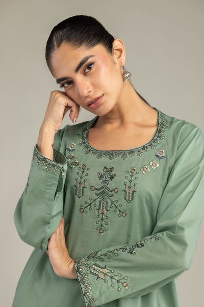 Embroidered | Cambric | Green Cambric Kurta | USD 40.00
