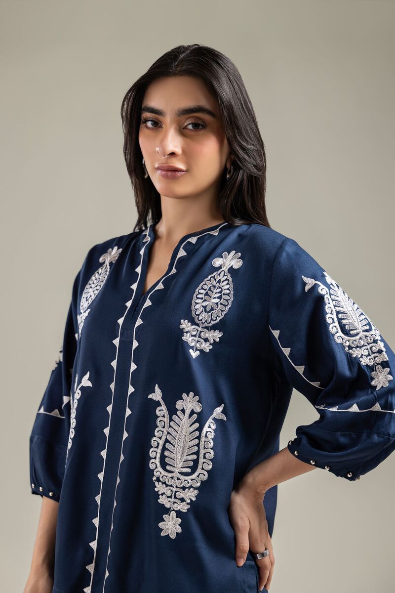 Embroidered | Viscose Crepe | Embroidered Navy Blouse | USD 40.00