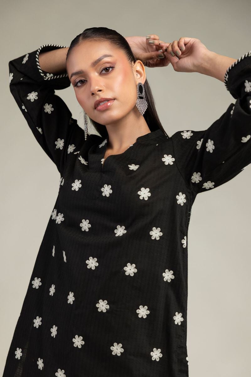 Embroidered | Cotton Dobby | Black V-Neck Kurta | USD 40.00