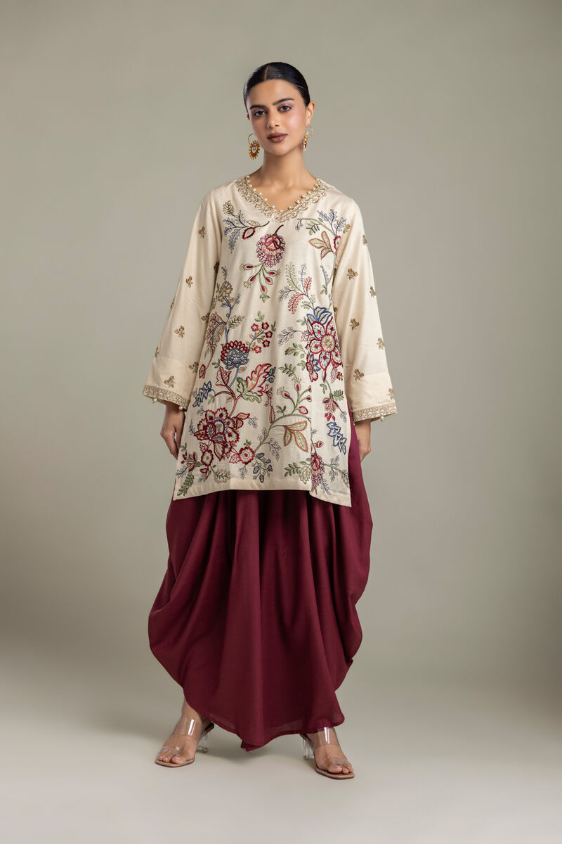 Embroidered | Raw Silk | Short V-Neck Kurta | USD 70.00