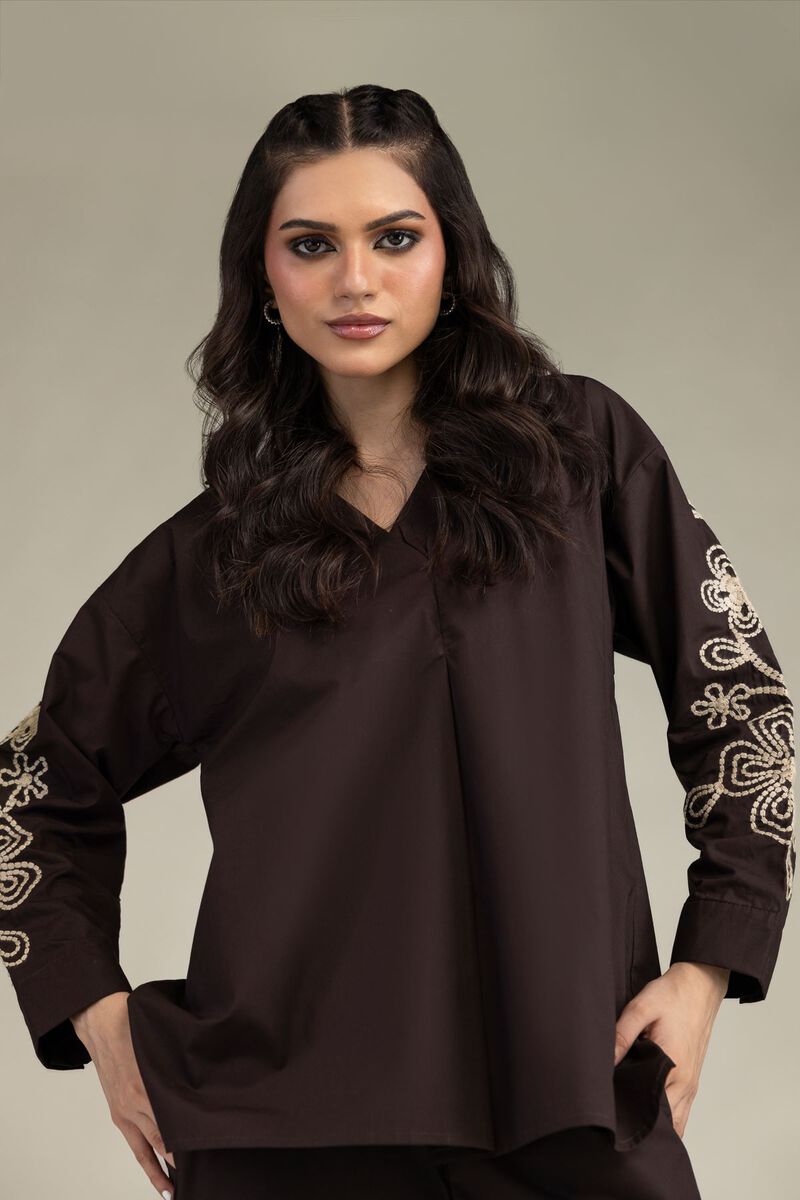 Embroidered | Poplin | Brown V-Neck Blouse | USD 35.00