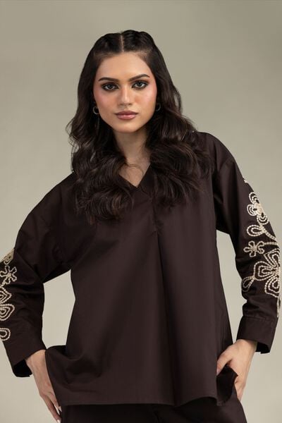 Embroidered | Poplin | Brown V-Neck Blouse | USD 35.00
