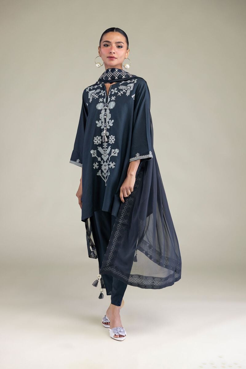 Embroidered | Raw Silk | Floral Navy Kurta | USD 40.00