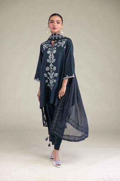 Embroidered | Raw Silk | Floral Navy Kurta | USD 40.00