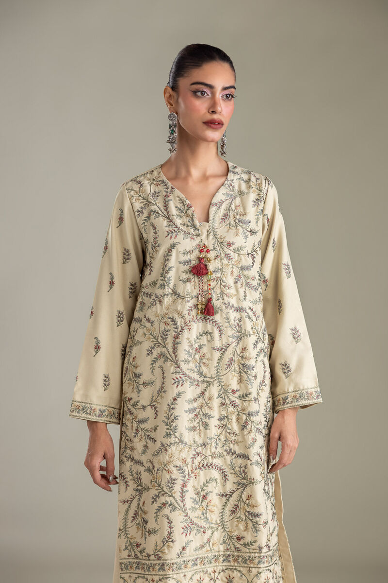 Embroidered | Heavy Blended Viscose | Long Beige Kurta | USD 65.00