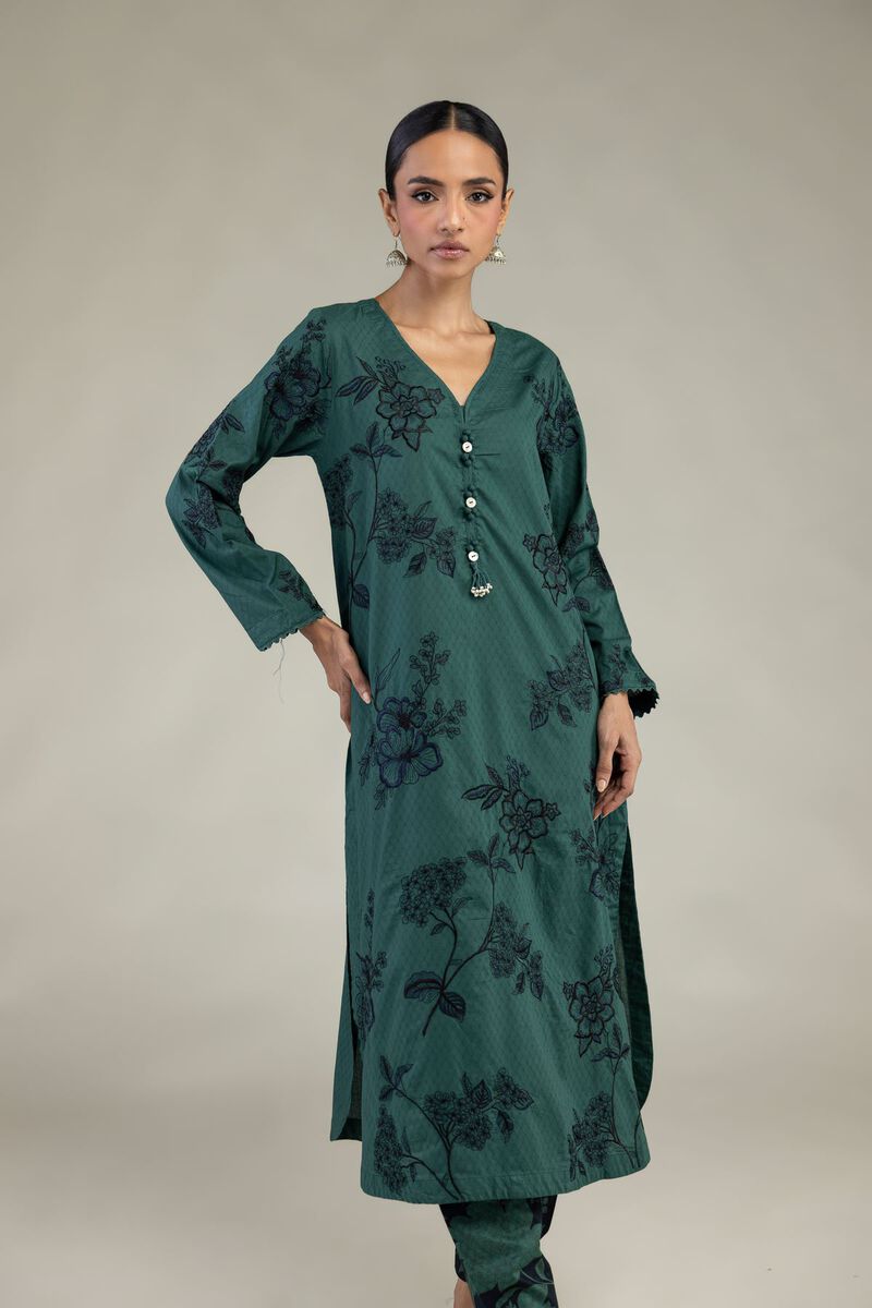 Embroidered | Cotton Dobby | Green Longline Kurta | USD 60.00