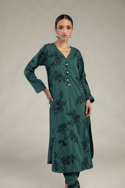 Embroidered | Cotton Dobby | Green Longline Kurta | USD 60.00