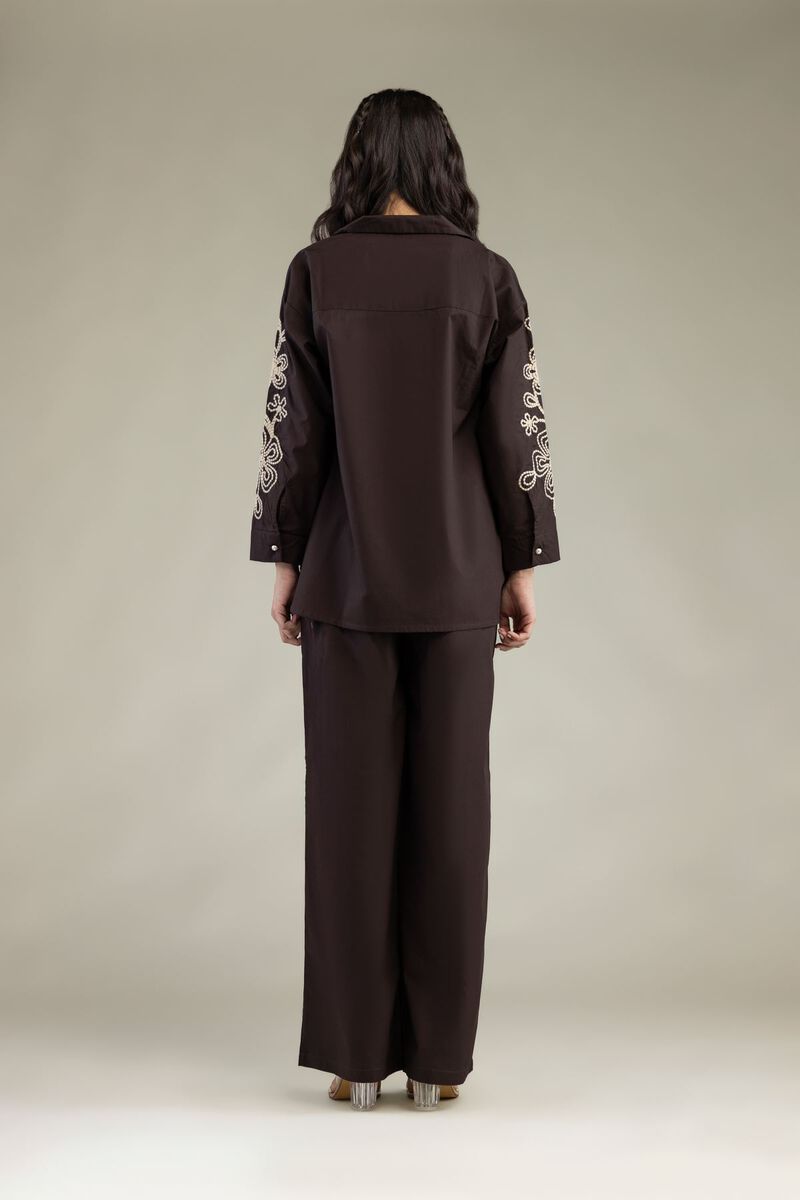 Embroidered | Poplin | Brown V-Neck Blouse | USD 35.00