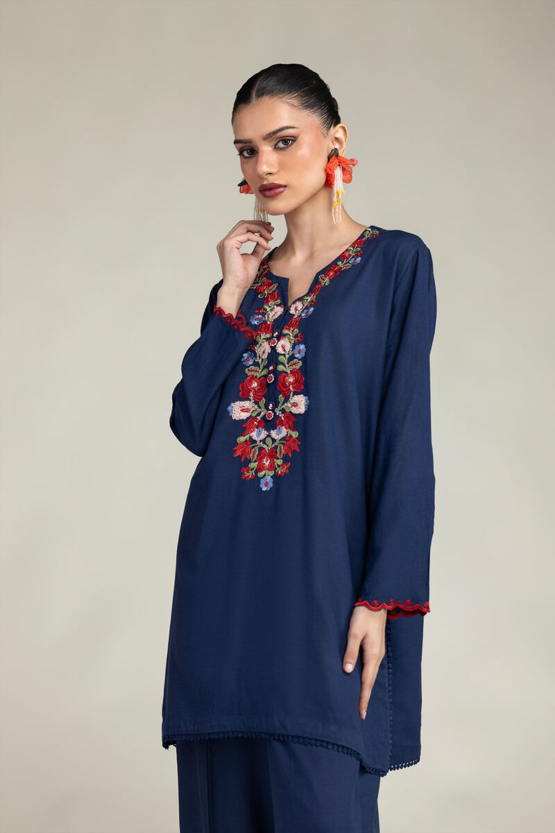 Embroidered | Raw Silk | Navy V-Neck Kurta | USD 40.00