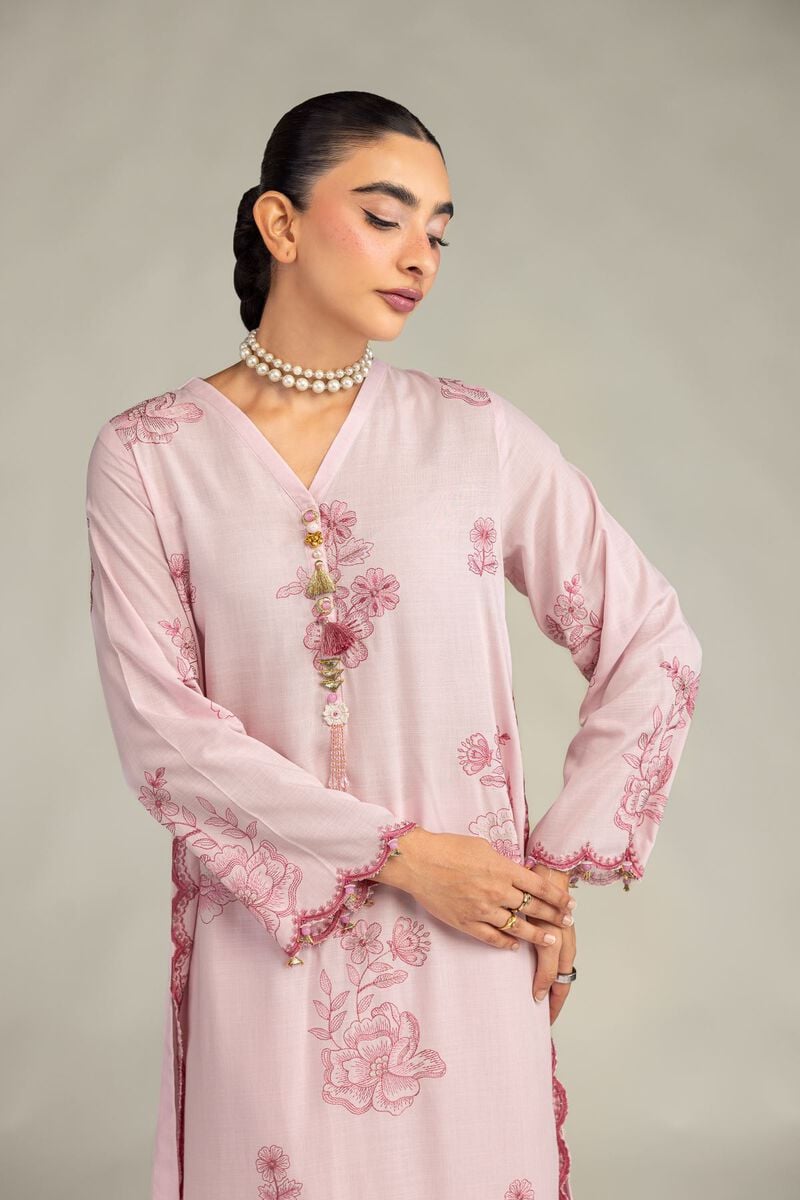 Embroidered | Raw Silk | Pink Longline Kurta | USD 65.00