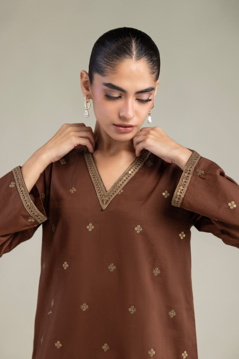 Embroidered | Cambric | Brown V-Neck Kurta | USD 40.00