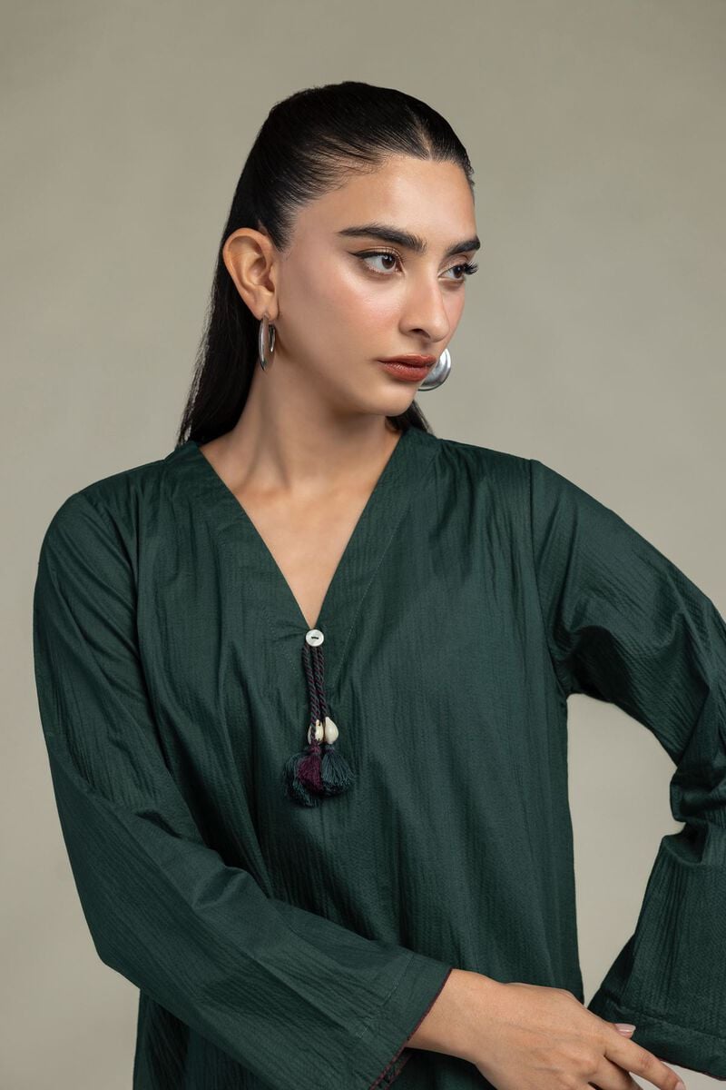 Dyed | Cotton Crinkle | V-Neck Green Kurta | USD 35.00