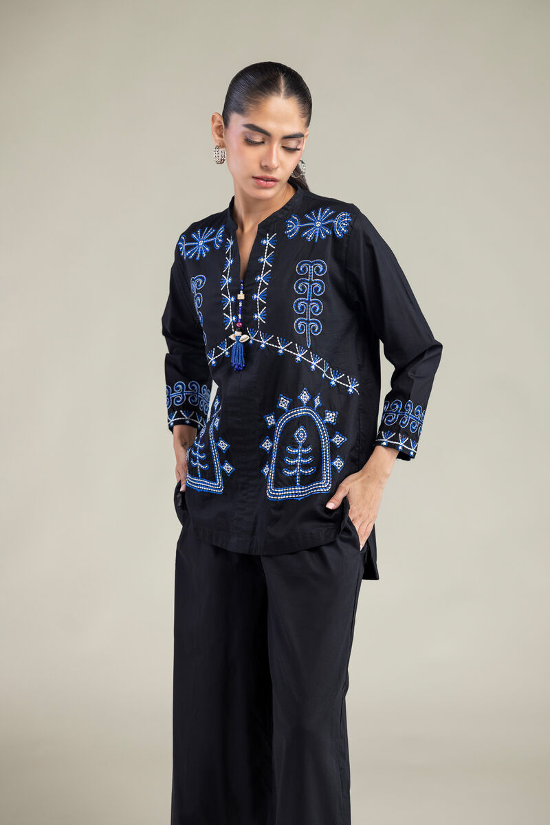 Embroidered | Cambric | Black V-neck Tunic | USD 40.00