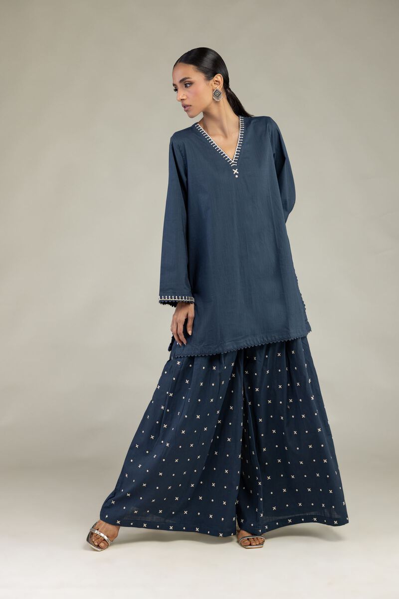 Textured Cotton | Embroidered | Navy Cotton Pants | USD 40.00