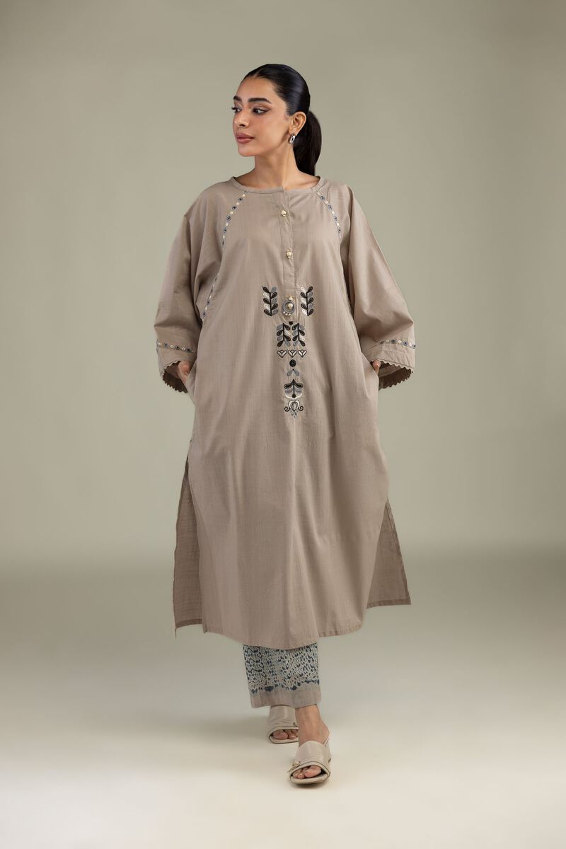 Textured Cotton | Embroidered | Beige Cotton Pants | USD 30.00