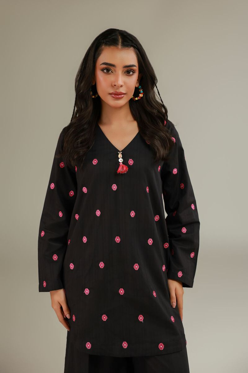 Embroidered | Cotton Dobby | Black V-Neck Kurta | USD 35.00