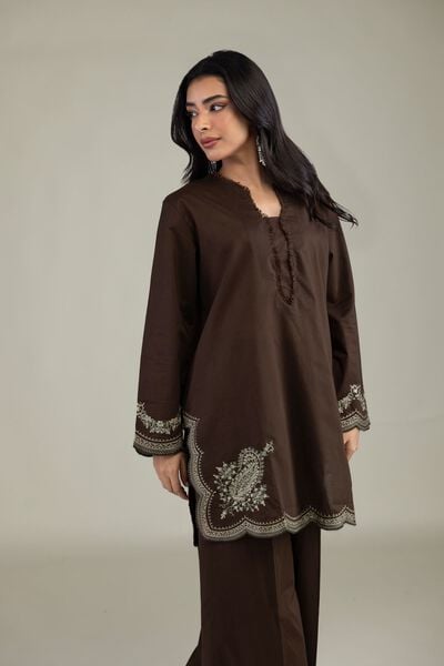 Embroidered | Cambric | Short Brown Kurta | USD 40.00