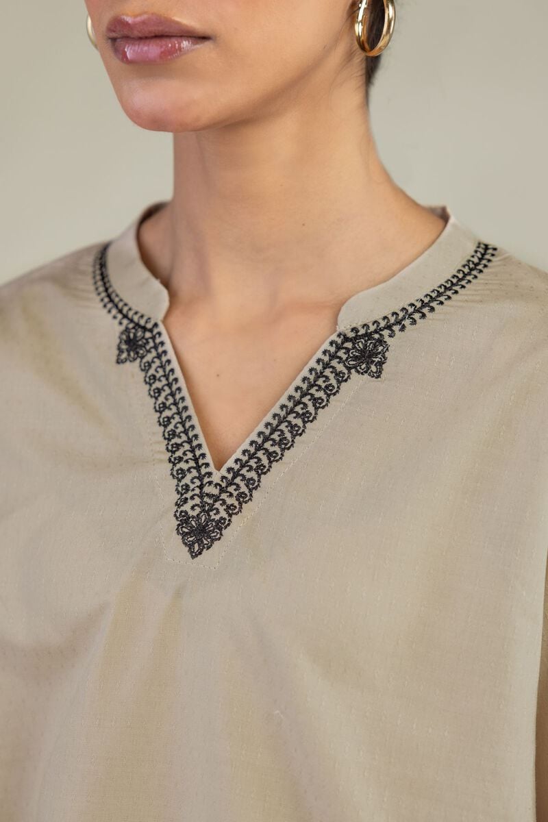 Embroidered | Cotton Dobby | Beige V-Neck Kurta | USD 45.00
