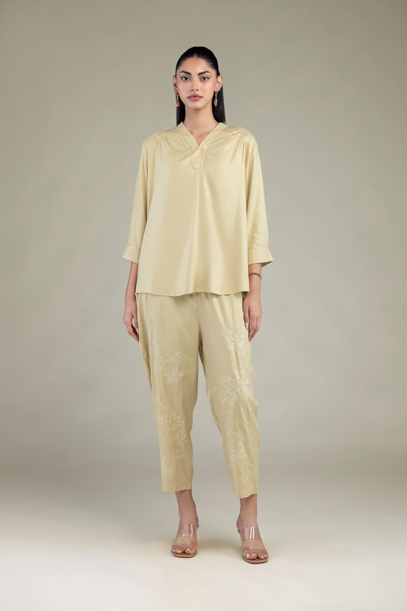 Embroidered | Viscose Crepe | Viscose Beige Trousers | USD 35.00