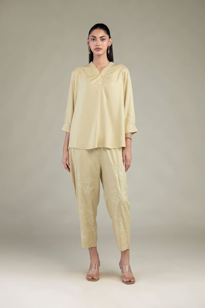 Embroidered | Viscose Crepe | Viscose Beige Trousers | USD 35.00