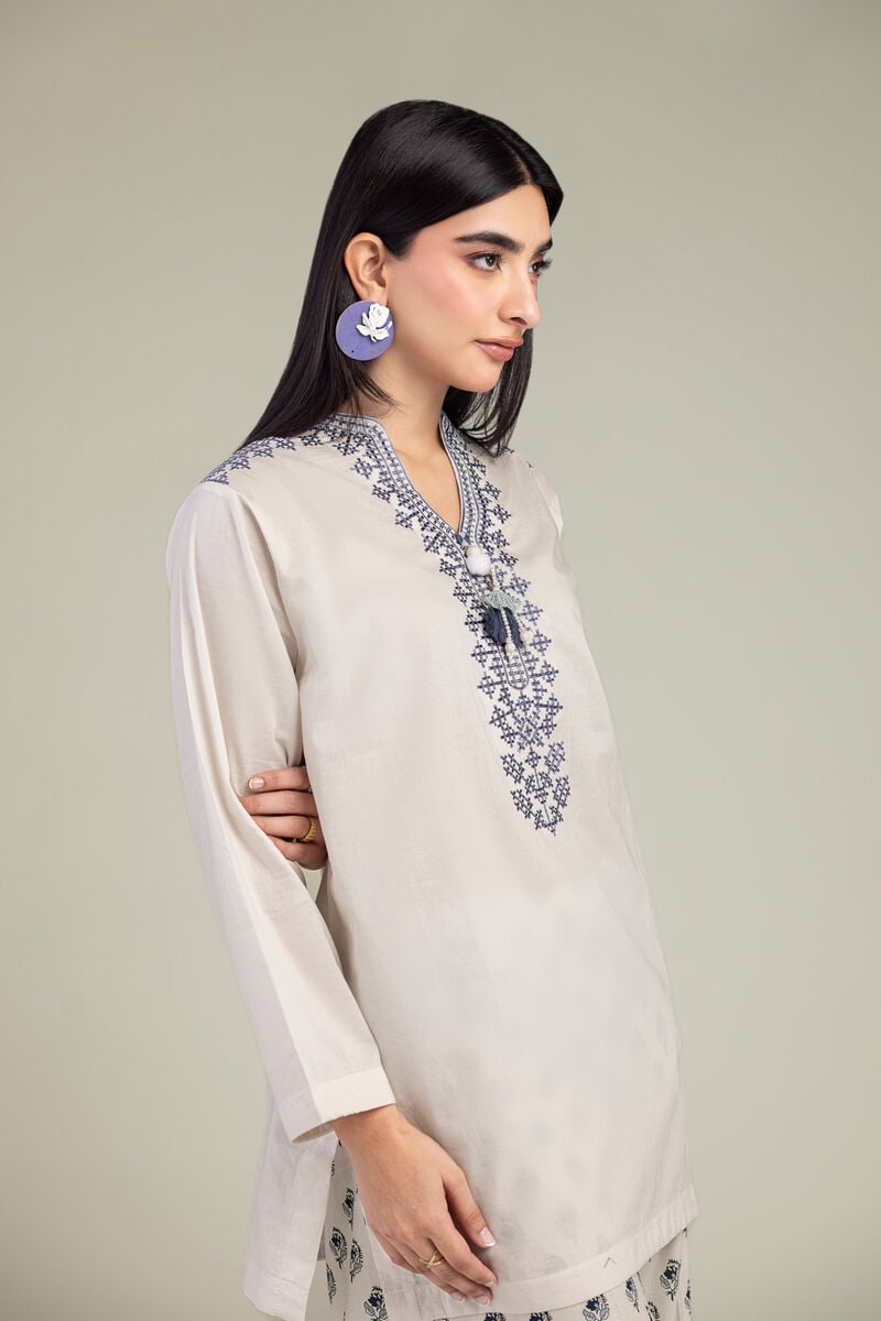 Embroidered | Cambric | White V-Neck Kurta | USD 35.00