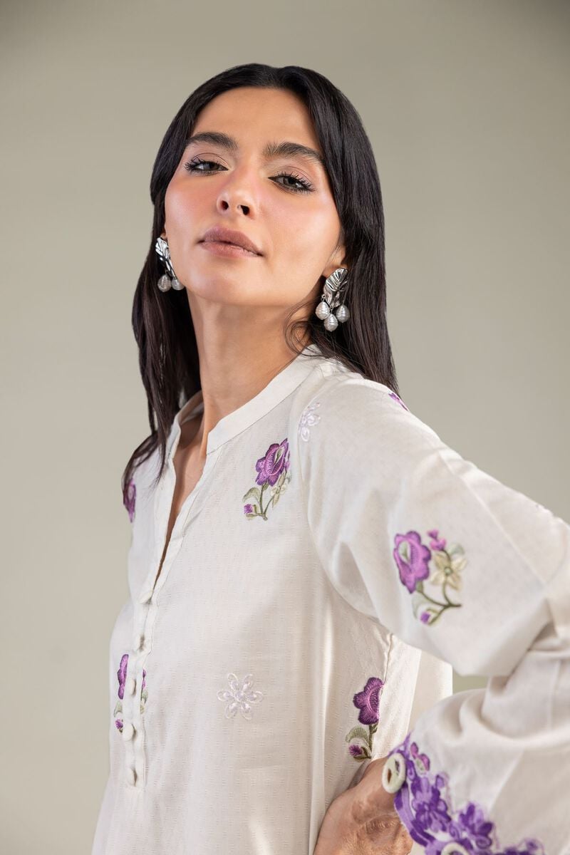 Embroidered | Cotton Dobby | Floral V-Neck Kurta | USD 45.00