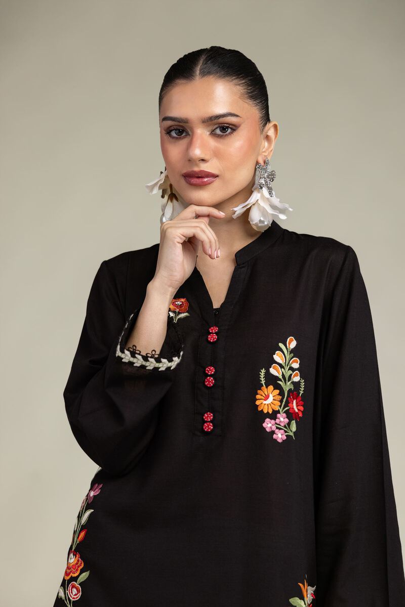 Embroidered | Raw Silk | Black Floral Kurta | USD 40.00