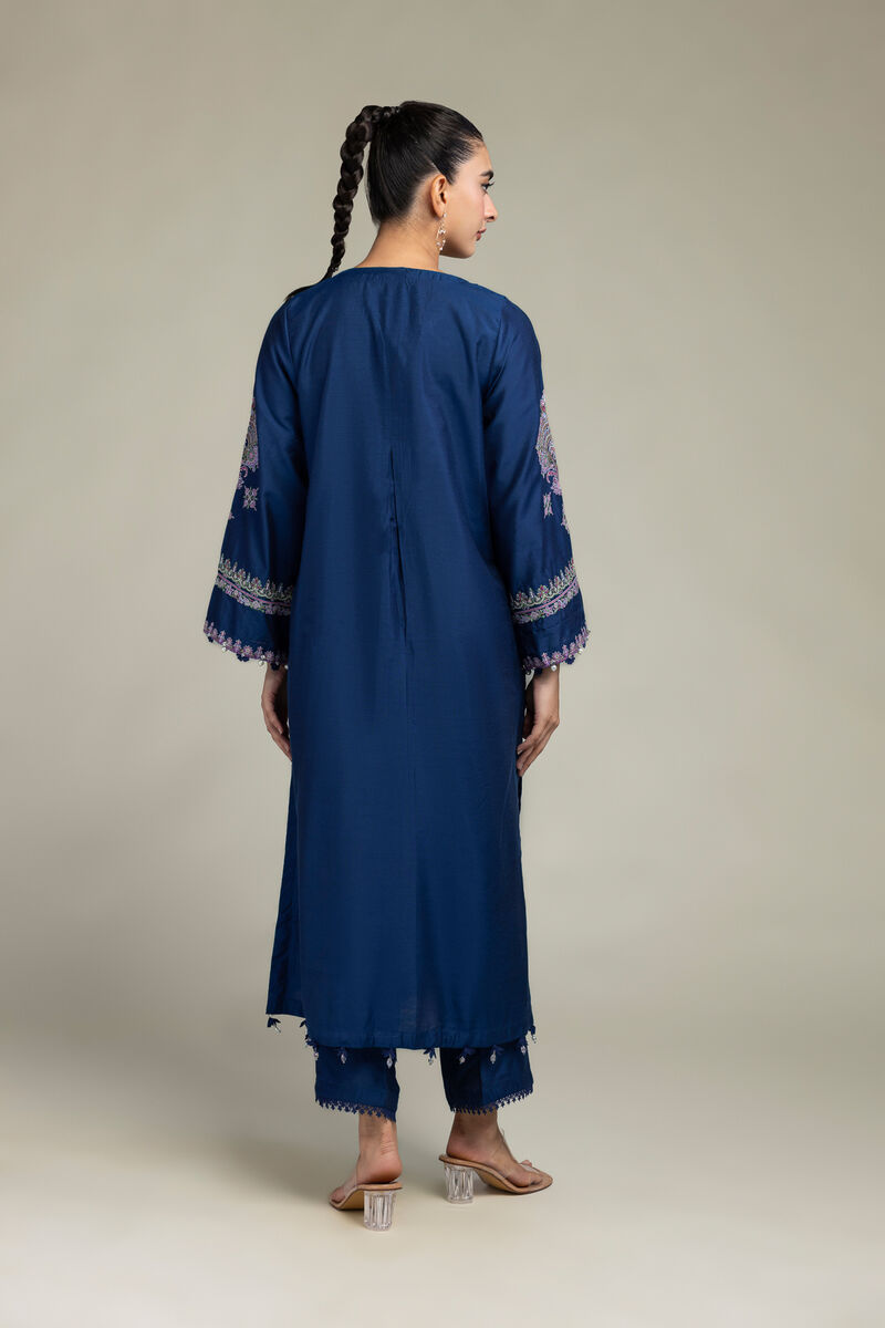 Raw Silk | Navy Longline Kurta | USD 60.00