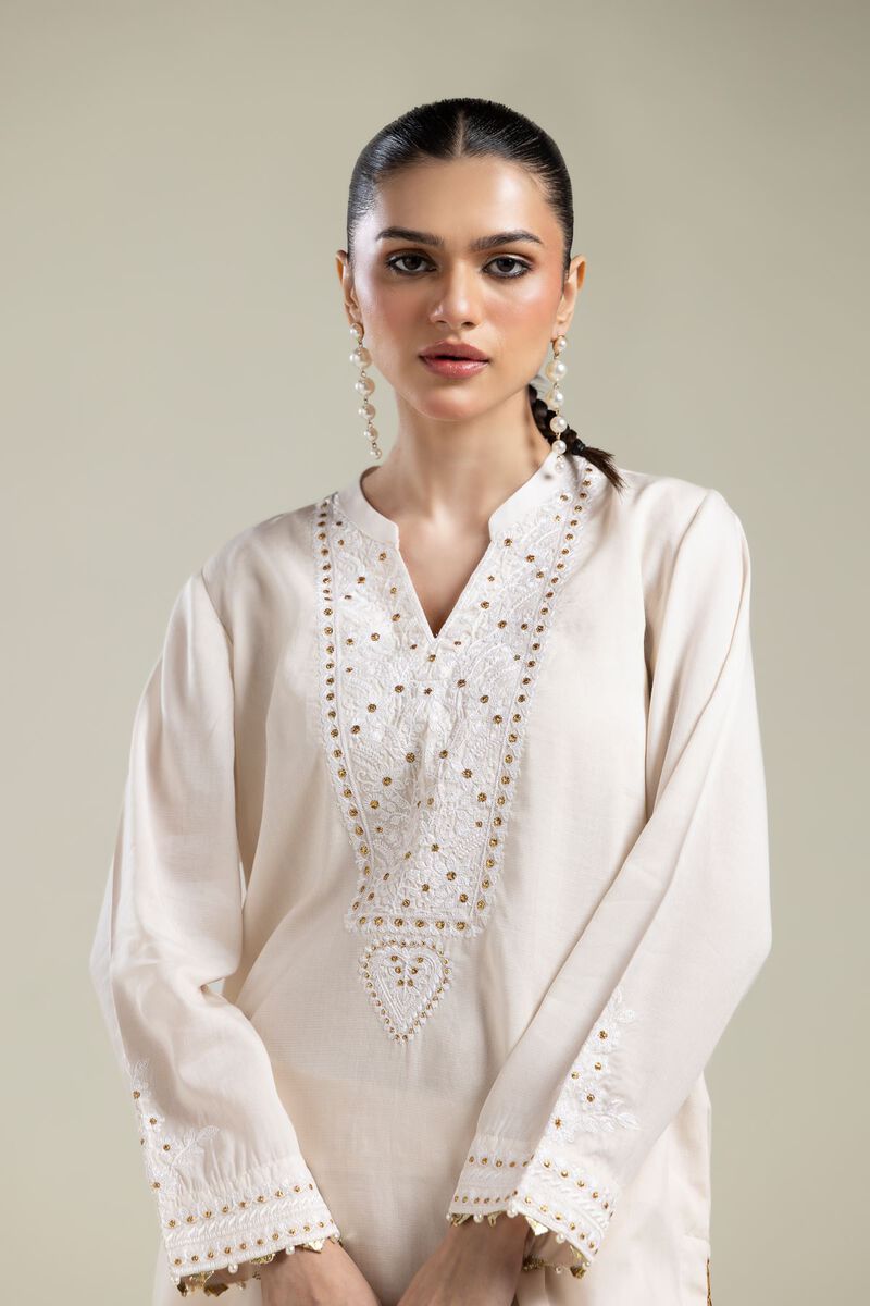 Embroidered | Textured Weave | Short V-Neck Kurta | USD 40.00