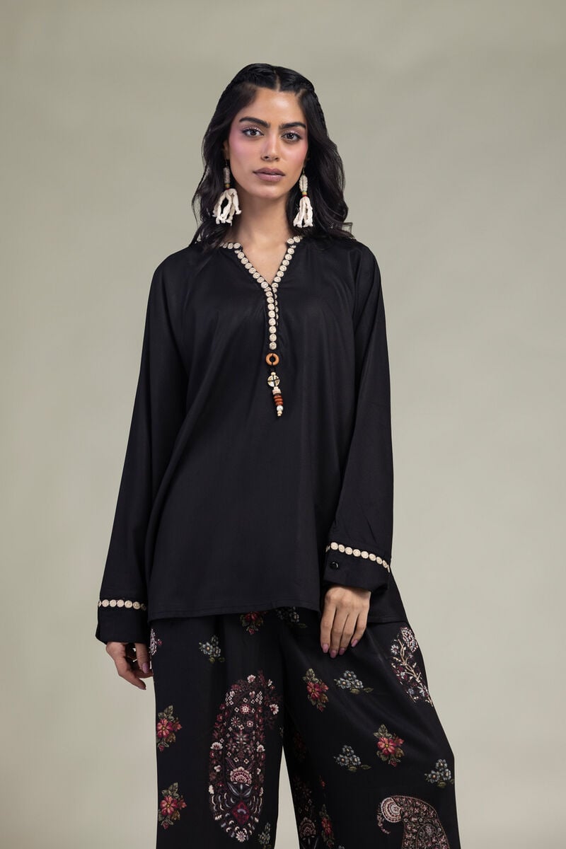 Embroidered | Viscose Crepe | Black V-Neck Tunic | USD 45.00