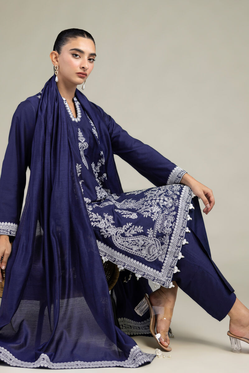 Raw Silk | Navy Floral Kurta | USD 75.00
