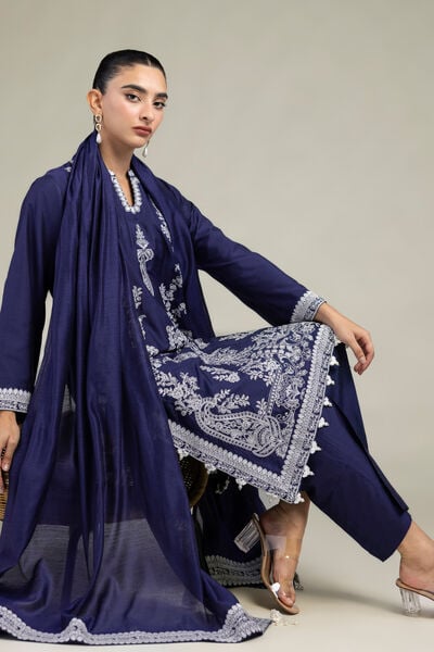 Raw Silk | Navy Floral Kurta | USD 75.00