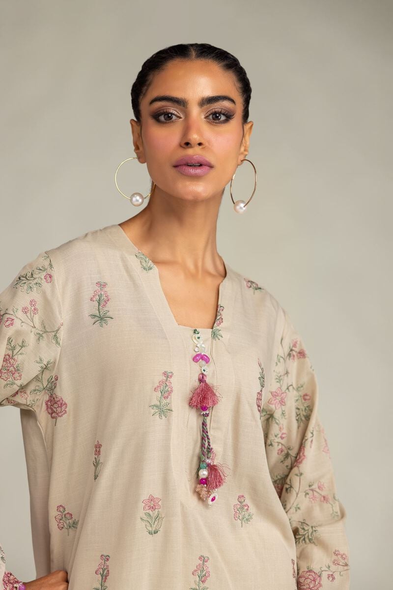 Embroidered | Raw Silk | Floral Beige Kurta | USD 60.00