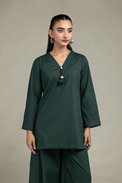 Dyed | Cotton Crinkle | V-Neck Green Kurta | USD 35.00