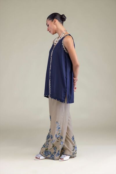 Embroidered | Raw Silk | Silk Navy Pants | USD 35.00