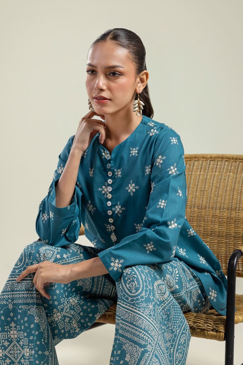 Printed | Cambric | Teal Cambric Kurta | USD 30.00