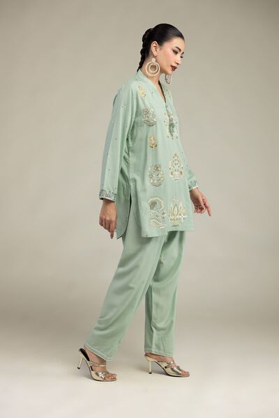 Embroidered | Raw Silk | Floral Mint Shalwar | USD 30.00