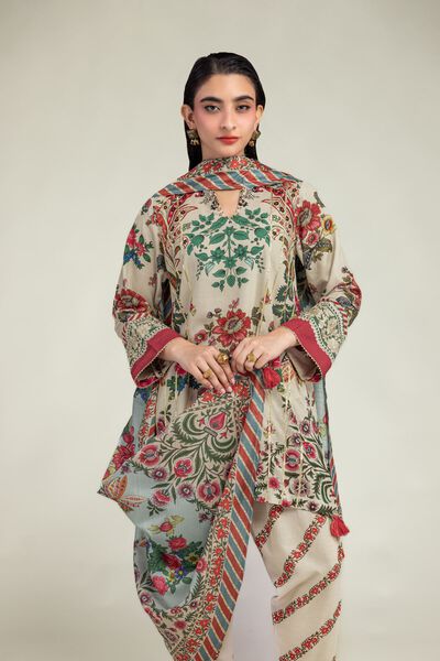 Embroidered | Raw Silk | Floral Beige Kurta  | USD 40.00